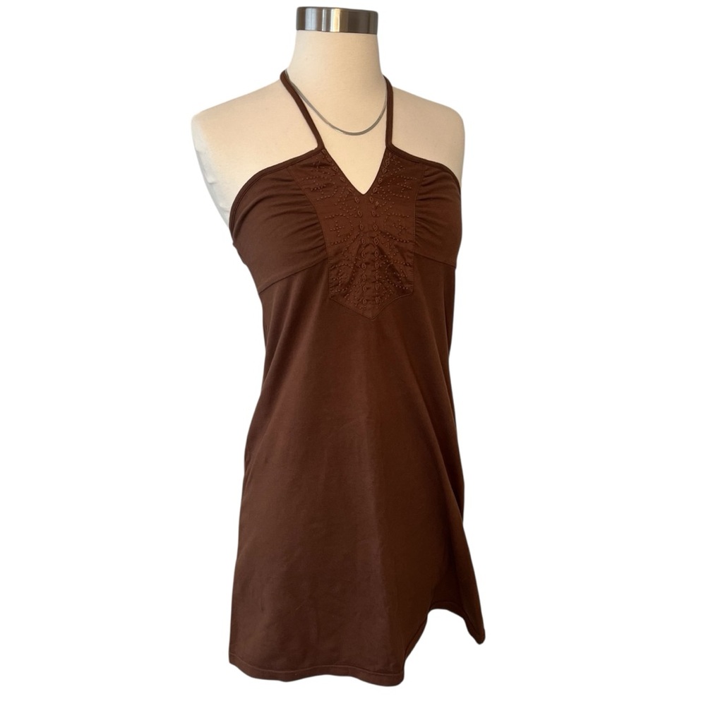Vintage Y2K AEO halter sun dress brown cross strap tie back embroidered XS - Picture 2 of 16